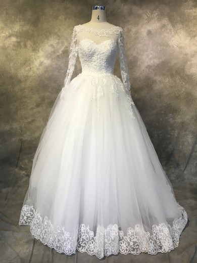 Tulle Scoop Neck Chapel Train Ball Gown with Sequins Wedding Dresses #PWD00022942