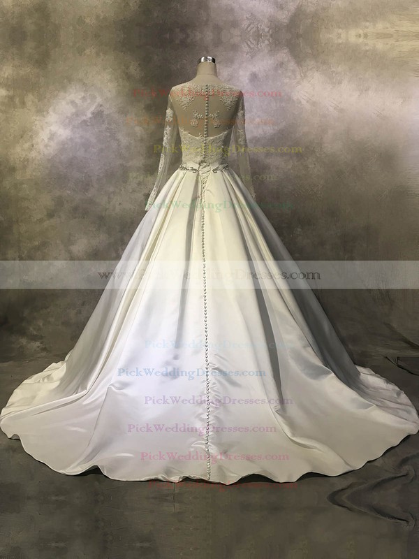 Satin Tulle Scoop Neck Court Train Ball Gown with Beading Wedding Dresses #PWD00022943