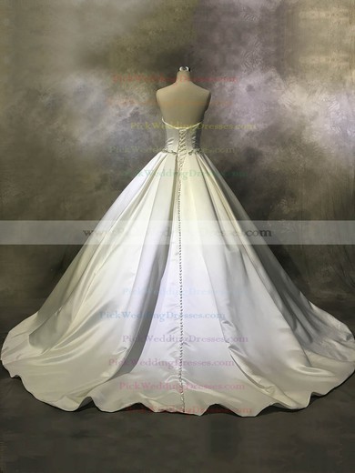 Satin Strapless Court Train Ball Gown with Buttons Wedding Dresses #PWD00022944