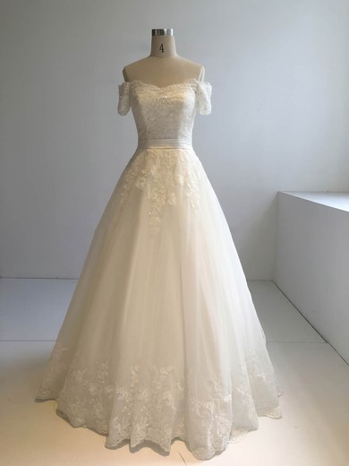 Tulle Off-the-shoulder Floor-length Ball Gown with Appliques Lace Wedding Dresses #PWD00022945