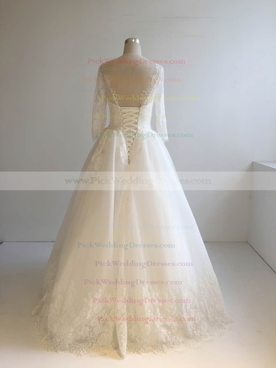 Tulle Scoop Neck Floor-length Ball Gown with Appliques Lace Wedding Dresses #PWD00022948