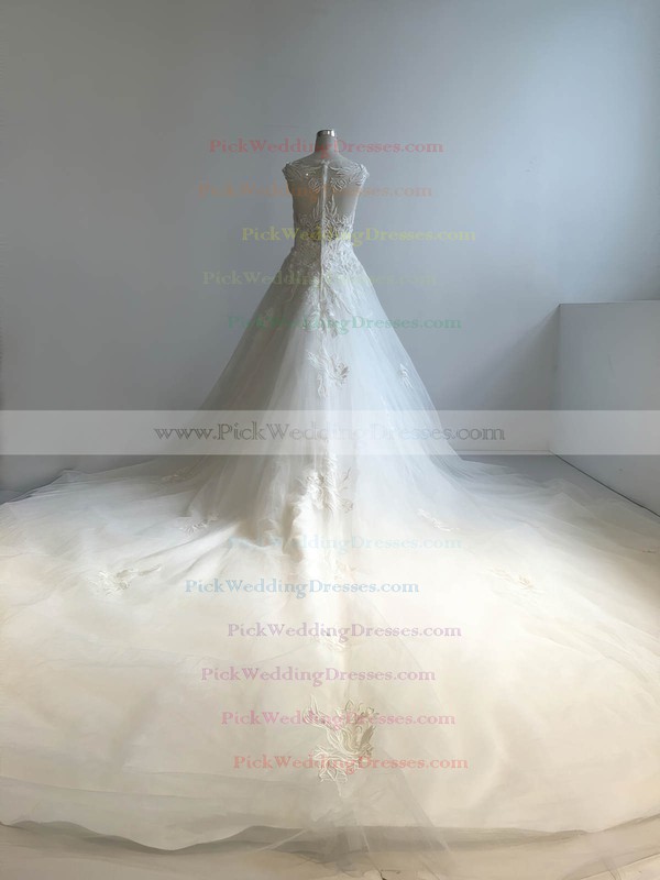 Tulle Scoop Neck Cathedral Train Ball Gown with Appliques Lace Wedding Dresses #PWD00022949