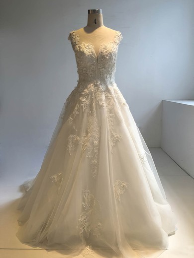 Tulle Scoop Neck Cathedral Train Ball Gown with Appliques Lace Wedding Dresses #PWD00022949