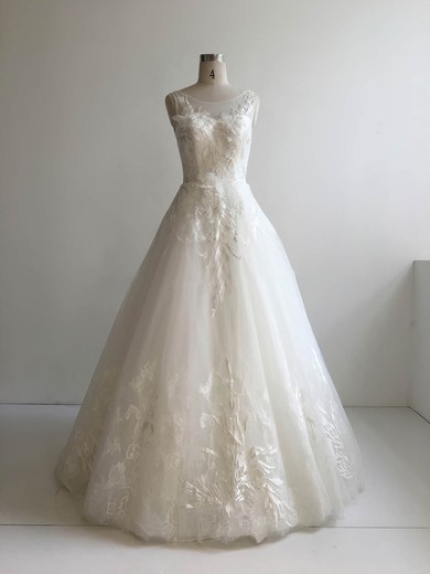 Lace Tulle Scoop Neck Floor-length Ball Gown with Appliques Lace Wedding Dresses #PWD00022951