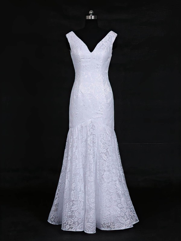 Lace V-neck Floor-length Trumpet/Mermaid with Ruffles Wedding Dresses #PWD00022956
