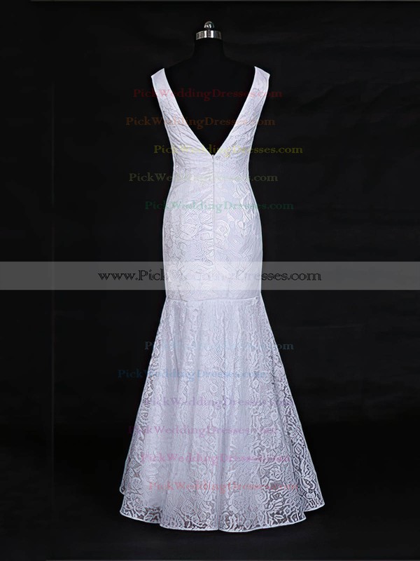 Lace V-neck Floor-length Trumpet/Mermaid with Ruffles Wedding Dresses #PWD00022956