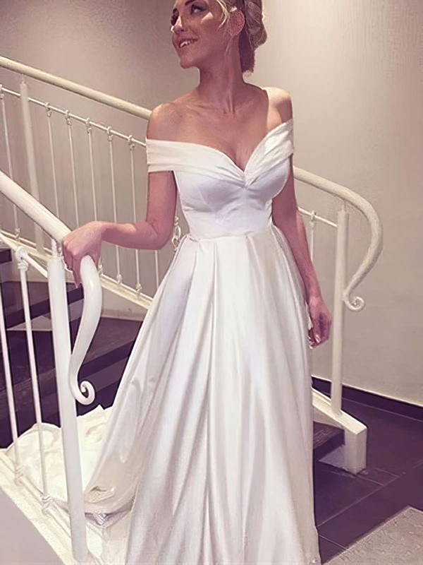Satin Off-the-shoulder Sweep Train A-line with Ruffles Wedding Dresses #PWD00022957