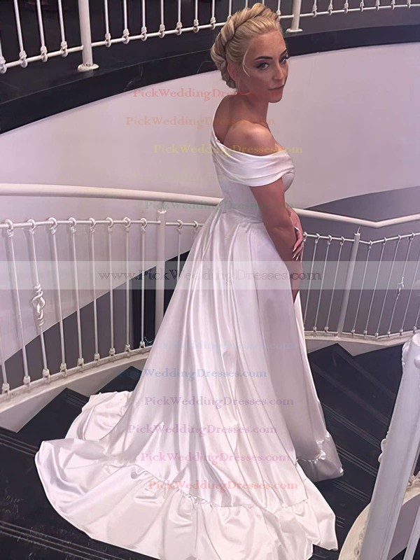 Satin Off-the-shoulder Sweep Train A-line with Ruffles Wedding Dresses #PWD00022957