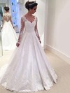 Satin Tulle V-neck Sweep Train Ball Gown with Appliques Lace Wedding Dresses #PWD00022958