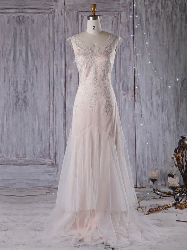 Tulle V-neck Sweep Train A-line with Appliques Lace Wedding Dresses #PWD00022959