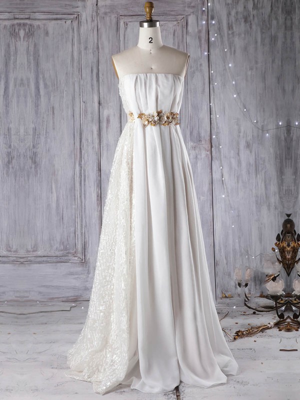 Lace Chiffon Strapless Floor-length Empire with Sashes / Ribbons Wedding Dresses #PWD00022961