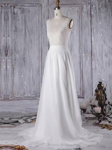 Tulle Chiffon Scoop Neck Sweep Train A-line with Lace Wedding Dresses #PWD00022963