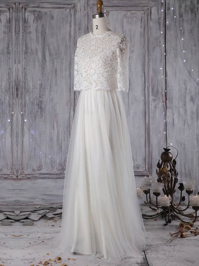 Lace Tulle Scoop Neck Sweep Train A-line with Pearl Detailing Wedding Dresses #PWD00022965