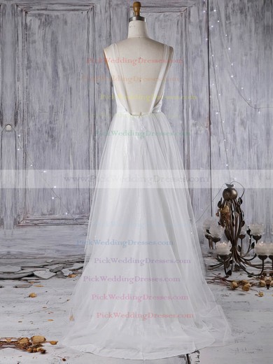 Tulle V-neck Sweep Train A-line with Sequins Wedding Dresses #PWD00022966