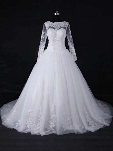 Tulle Scalloped Neck Court Train Ball Gown with Appliques Lace Wedding Dresses #PWD00022967