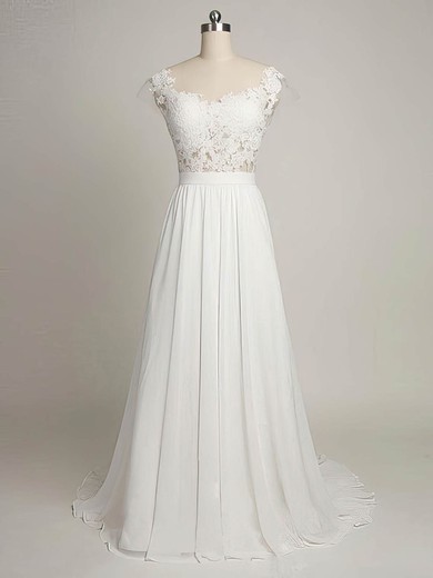 Tulle Chiffon Scoop Neck Sweep Train A-line with Appliques Lace Wedding Dresses #PWD00022968