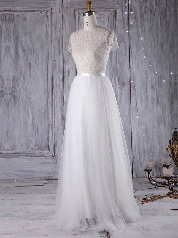 Tulle Scoop Neck Floor-length A-line with Sashes / Ribbons Wedding Dresses #PWD00022971