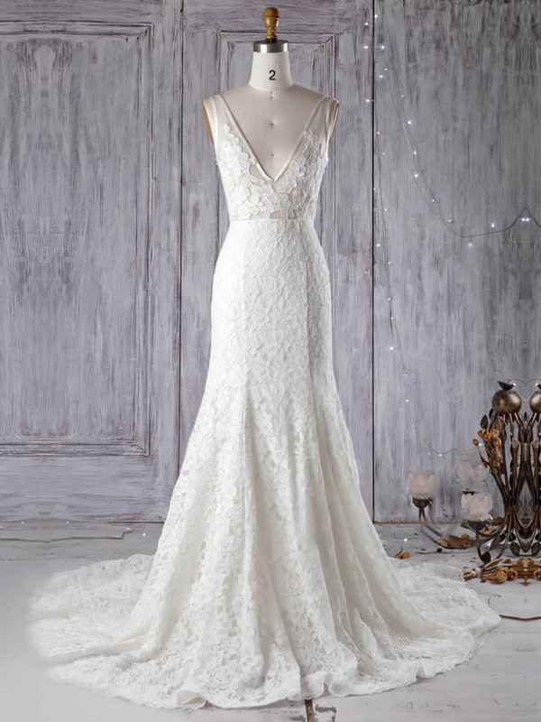 Lace Tulle V-neck Court Train Trumpet/Mermaid with Appliques Lace Wedding Dresses #PWD00022972