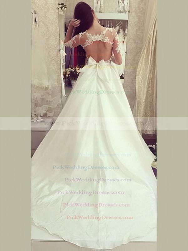 Satin Tulle Scoop Neck Sweep Train Ball Gown with Appliques Lace Wedding Dresses #PWD00022973