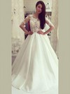 Satin Tulle Scoop Neck Sweep Train Ball Gown with Appliques Lace Wedding Dresses #PWD00022973