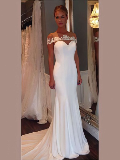 Tulle Silk-like Satin Scoop Neck Sweep Train Trumpet/Mermaid with Appliques Lace Wedding Dresses #PWD00022974