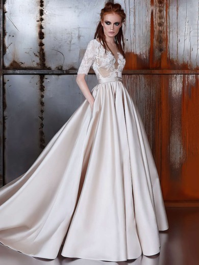 Satin Tulle Scoop Neck Court Train Ball Gown with Sashes / Ribbons Wedding Dresses #PWD00022977