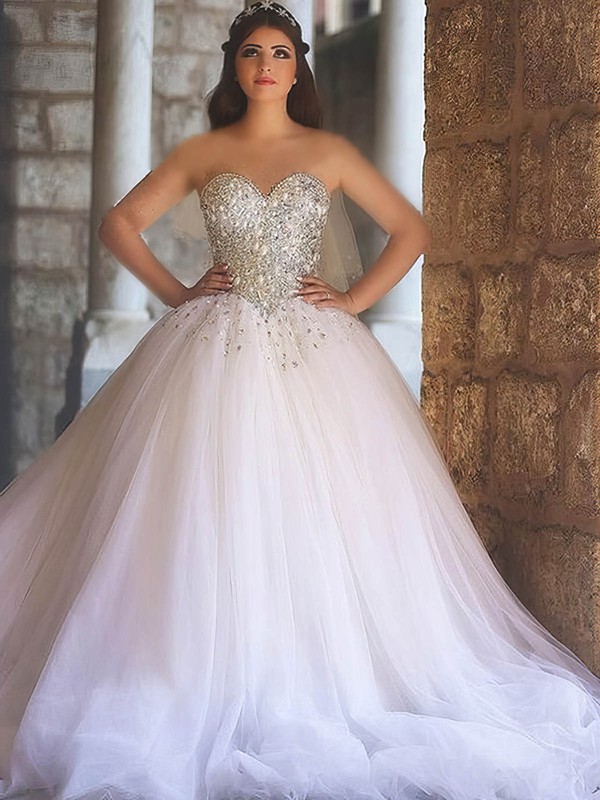 Tulle Sweetheart Court Train Ball Gown with Crystal Detailing Wedding Dresses #PWD00022979