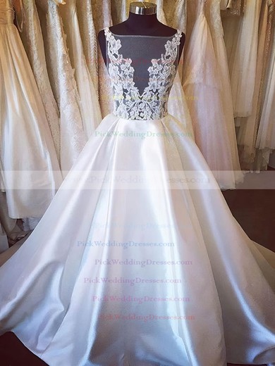 Satin Tulle Scoop Neck Sweep Train Ball Gown with Appliques Lace Wedding Dresses #PWD00022984
