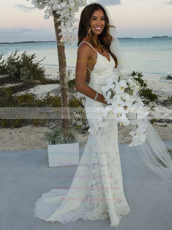 Lace V-neck Sweep Train Trumpet/Mermaid with Ruffles Wedding Dresses #PWD00022986