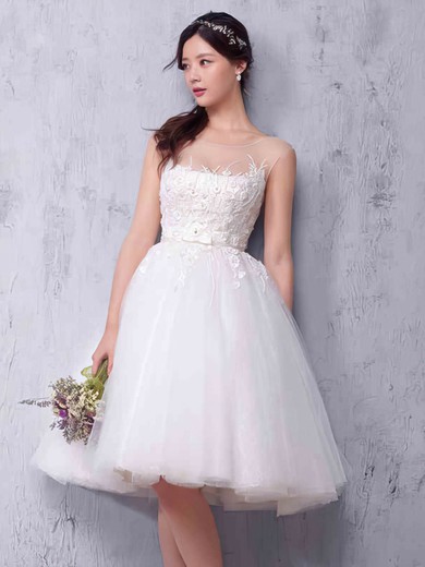 Tulle Scoop Neck Knee-length Princess with Sashes / Ribbons Wedding Dresses #PWD00022987