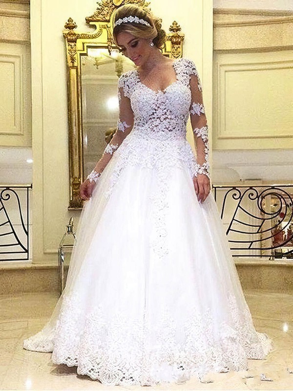 Tulle Scoop Neck Sweep Train Princess with Appliques Lace Wedding Dresses #PWD00022993