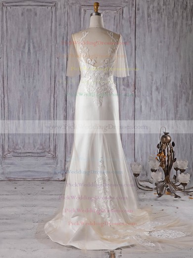 Satin Tulle Scoop Neck Sweep Train Trumpet/Mermaid with Appliques Lace Wedding Dresses #PWD00022997