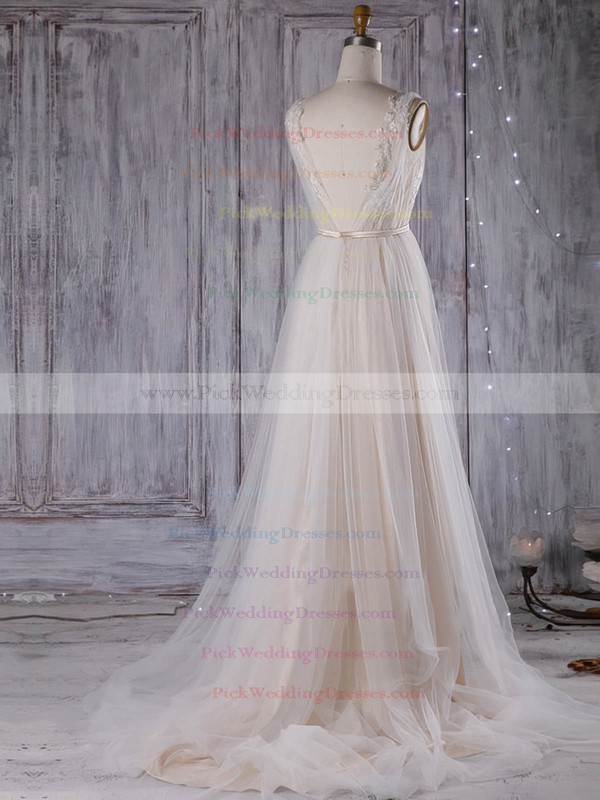 Tulle V-neck Sweep Train A-line with Sashes / Ribbons Wedding Dresses #PWD00023001