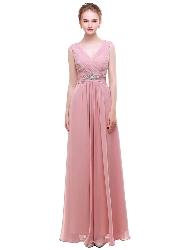 Chiffon A-line V-neck Floor-length with Beading Bridesmaid Dresses #PWD01013441