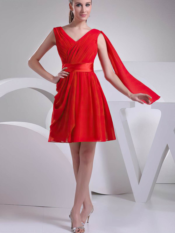 A-line Short/Mini Chiffon Ruffles V-neck Bridesmaid Dresses #PWD02041451