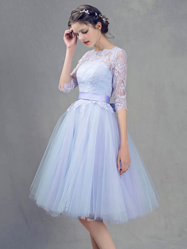 Lace Tulle Scoop Neck Knee-length Princess with Sashes / Ribbons Bridesmaid Dresses #PWD01013409