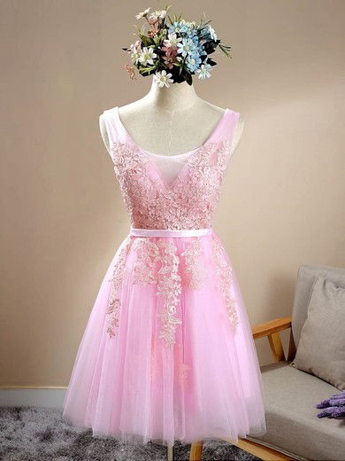 Tulle Scoop Neck Short/Mini A-line with Appliques Lace Bridesmaid Dresses #PWD01013415