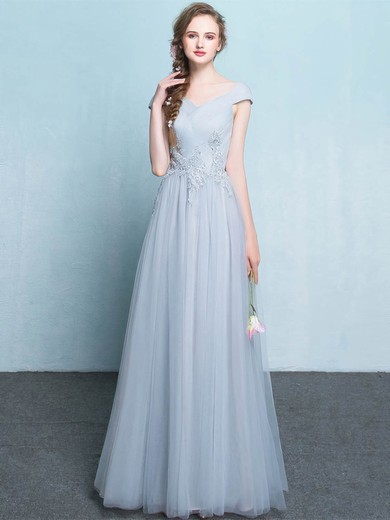 Tulle V-neck Floor-length A-line with Appliques Lace Bridesmaid Dresses #PWD01013425