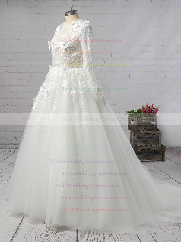Tulle Scoop Neck Court Train Ball Gown with Appliques Lace Wedding Dresses #PWD00023008