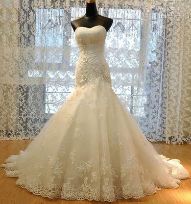 Tulle Sweetheart Sweep Train Trumpet/Mermaid with Appliques Lace Wedding Dresses #PWD00023009