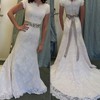 Lace V-neck Sweep Train A-line with Sashes / Ribbons Wedding Dresses #PWD00023011