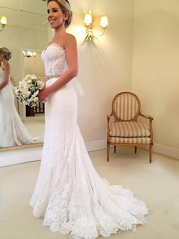 Lace Sweetheart Sweep Train Trumpet/Mermaid with Sashes / Ribbons Wedding Dresses #PWD00023014