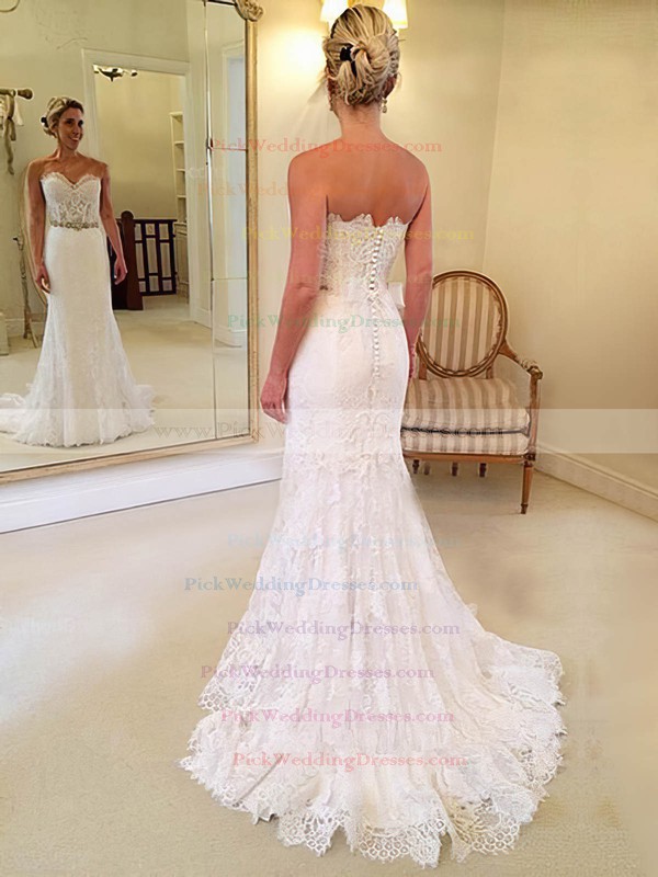 Lace Sweetheart Sweep Train Trumpet/Mermaid with Sashes / Ribbons Wedding Dresses #PWD00023014