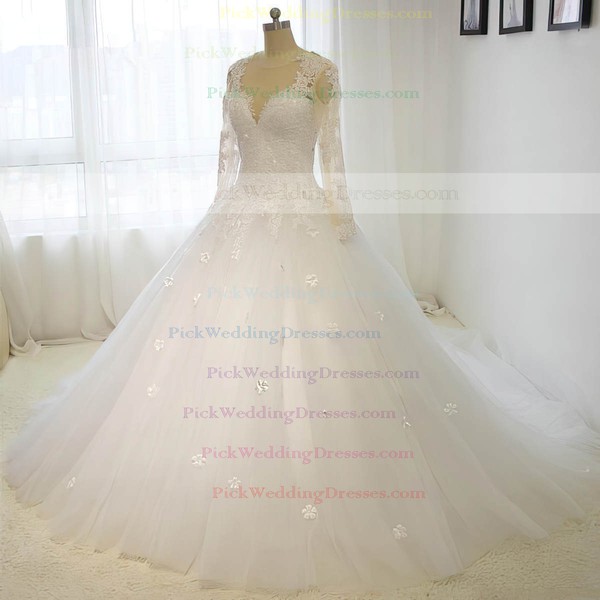 Tulle Scoop Neck Court Train Ball Gown with Sequins Wedding Dresses #PWD00023015