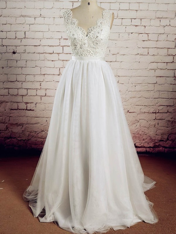 Tulle V-neck Sweep Train A-line with Appliques Lace Wedding Dresses #PWD00023017