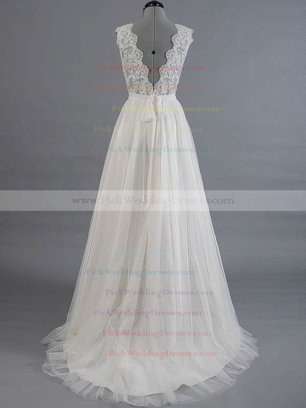 Tulle V-neck Sweep Train A-line with Appliques Lace Wedding Dresses #PWD00023017