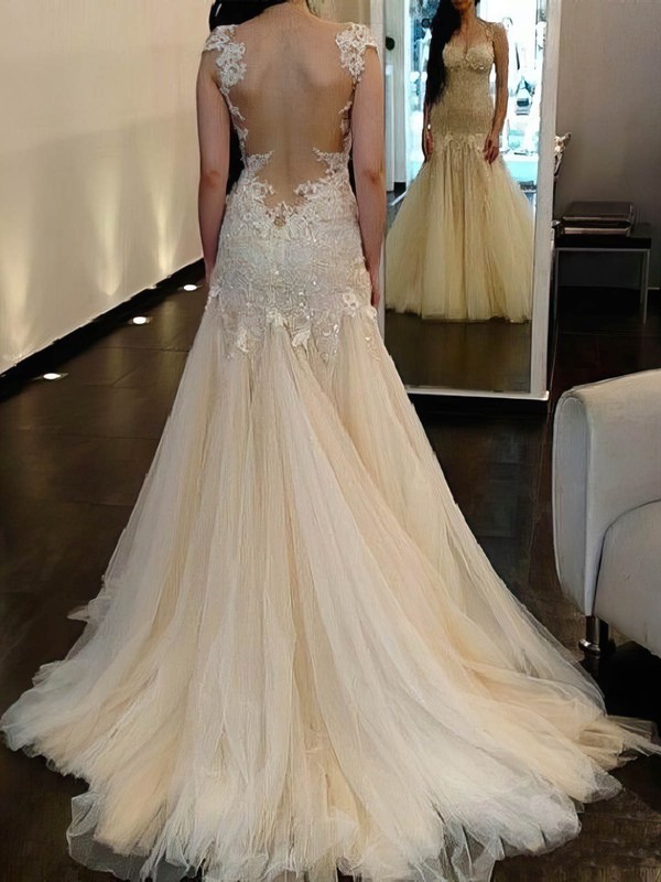 Tulle Scoop Neck Sweep Train Trumpet/Mermaid with Sequins Wedding Dresses #PWD00023018