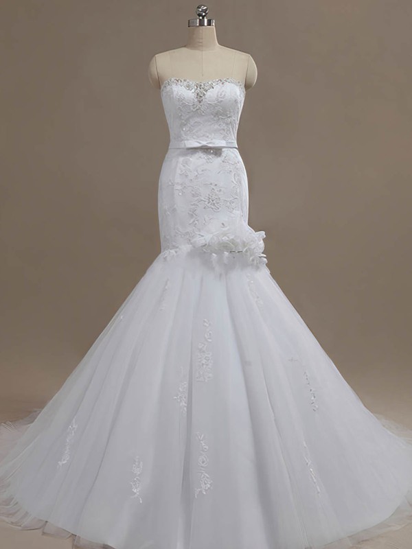 Tulle Sweetheart Court Train Trumpet/Mermaid with Beading Wedding Dresses #PWD00023024