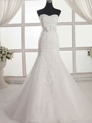 Tulle Sweetheart Sweep Train Trumpet/Mermaid with Appliques Lace Wedding Dresses #PWD00023027