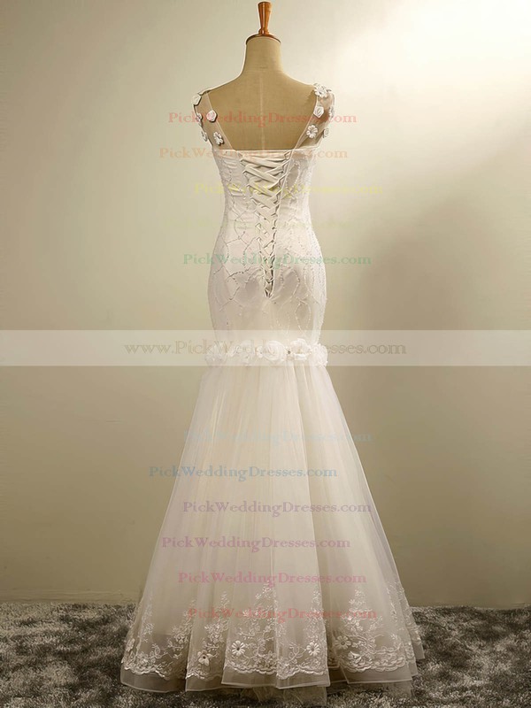 Tulle V-neck Floor-length Trumpet/Mermaid with Flower(s) Wedding Dresses #PWD00023029